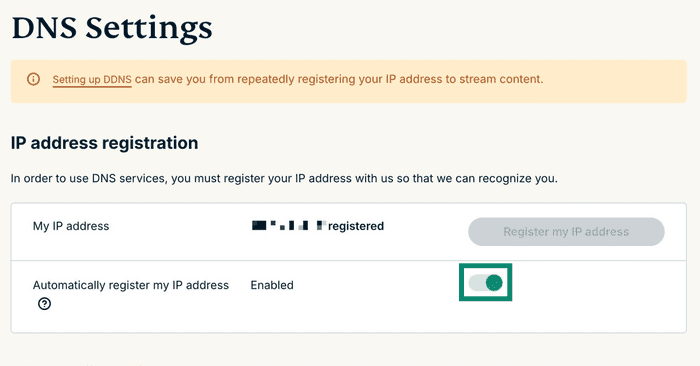 Toggle button highlighted in the ExpressVPN DNS settings.