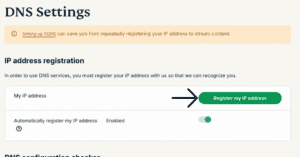The DNS Settings in the ExpressVPN panel, showing the "Register my IP address" button under IP address registration.