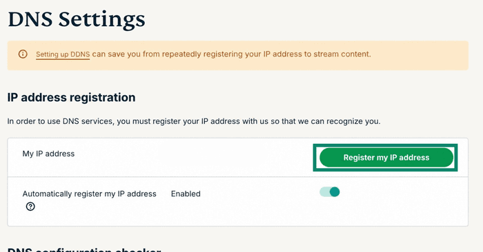 The "Register my IP address" button highlighted in ExpressVPN's IP address registration DNS Settings.