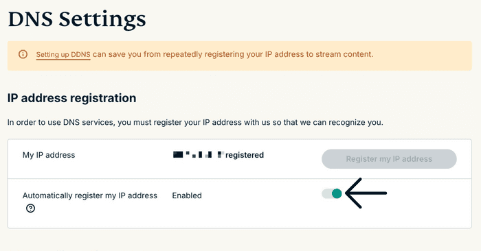 ExpressVPN IP address registration screen with Automatically register my IP address toggle highlighted.