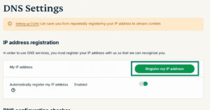 ExpressVPN website "DNS Settings" page focusing on the "IP address registration" section.