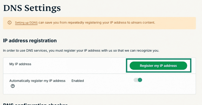 ExpressVPN website "DNS Settings" page focusing on the "IP address registration" section.