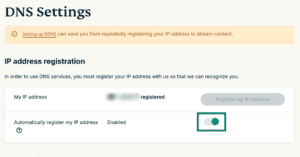 ExpressVPN website "DNS Settings" page showing that the IP address is registered, with the "Automatically register my ip address" toggle switch turned on.
