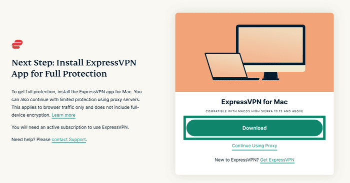 ExpressVPN setup page prompting installation of the Mac app, with Download highlighted.
