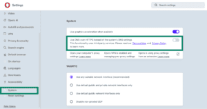 Opera System settings, with a highlighted "Use DNS-over-HTTPS instead of the system’s DNS settings" option.