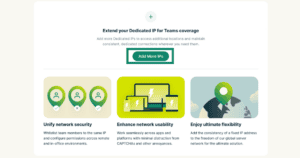 The Dedicated IP for Teams page in the ExpressVPN for Teams dashboard, with a highlighted "Add More IPs" button at the bottom.