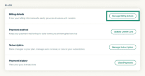 ExpressVPN account billing section showing Manage Billing Details button highlighted.