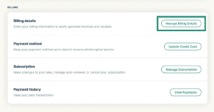 ExpressVPN account billing section showing Manage Billing Details button highlighted.