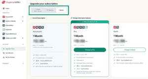 The ExpressVPN+ Upgrade Plans tab, with the options to filter plans by duration highlighted.