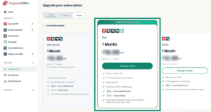 The ExpressVPN+ Upgrade Plans tab, with Change to Pro option highlighted.