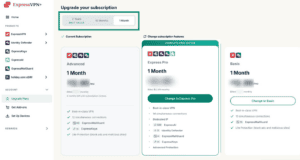 The ExpressVPN+ Upgrade Plans tab, with the options to filter plans by duration highlighted.