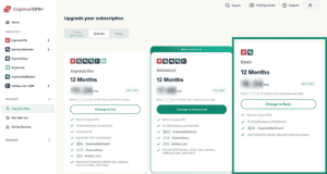 The ExpressVPN+ Upgrade Plans tab, with Change to Basic option highlighted.