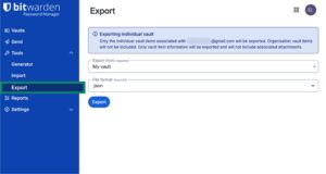 Export tab on Bitwarden app.