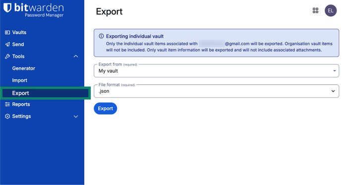 Export-Tab in der Bitwarden-App.