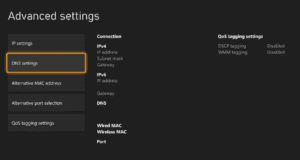 The Advanced settings page, showing the DNS settings option.