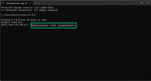 Ping test with Destination host unreachable highlighted.