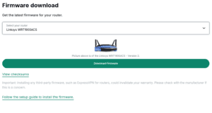 ExpressVPN firmware download page for the Linksys WRT1900ACS router, displaying the router image, download firmware button, and checksum links.