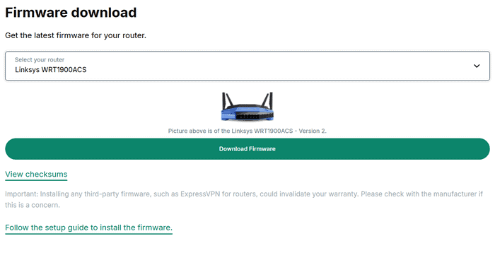 ExpressVPN firmware download page for the Linksys WRT1900ACS router, displaying the router image, download firmware button, and checksum links.
