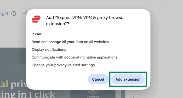 Chrome permission prompt for the ExpressVPN browser extension with Add extension highlighted.