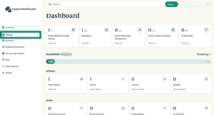 The Dashboard page of ExpressMailGuard, showing the Aliases menu option.