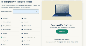 ExpressVPN dashboard showing the Linux download option.