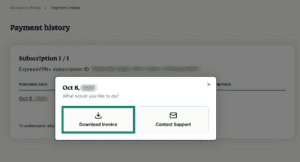 ExpressVPN payment history dialog with the “Download Invoice” button highlighted next to “Contact Support.”