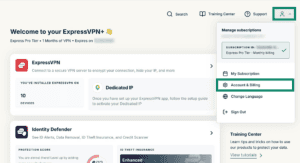 ExpressVPN portal, showing the profile icon and the "Account & Billing" option highlighted.