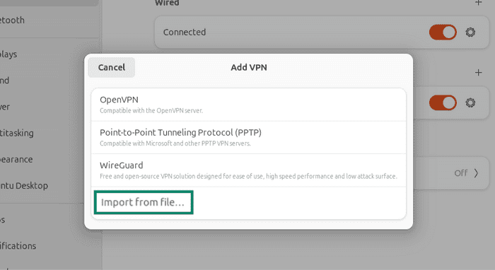 VPN settings in Ubuntu showing the "Import from file" option highlighted.