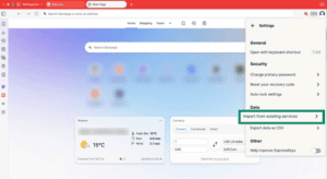 ExpressKeys browser extension in Vivaldi showing import data option.