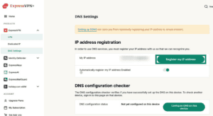 ExpressVPN+ DNS Settings page showing the IP address registration section, with the "Register my IP address" button highlighted inside a teal box.