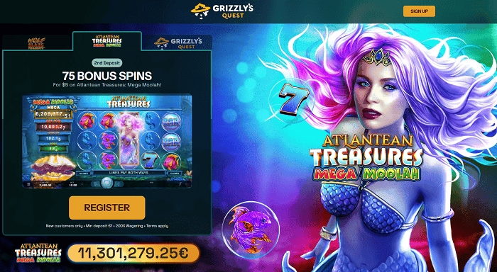 Join Grizzly’s Quest Casino to play free spins on Mega Moolah! 
