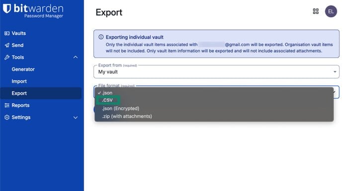 Passwörter als .csv in der Bitwarden-App exportieren.