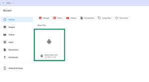 File manager Recent files view, with the downloaded ExpressVPN APK file entry highlighted in a green box.