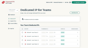 Dedicated IP for Teams showing list of purchased dedicated IPs.