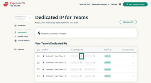 Dedicated IP for Teams showing list of purchased dedicated IPs with copy icon highlighted.