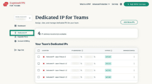 ExpressVPN for Teams dashboard showing Dedicated IP highlighted.