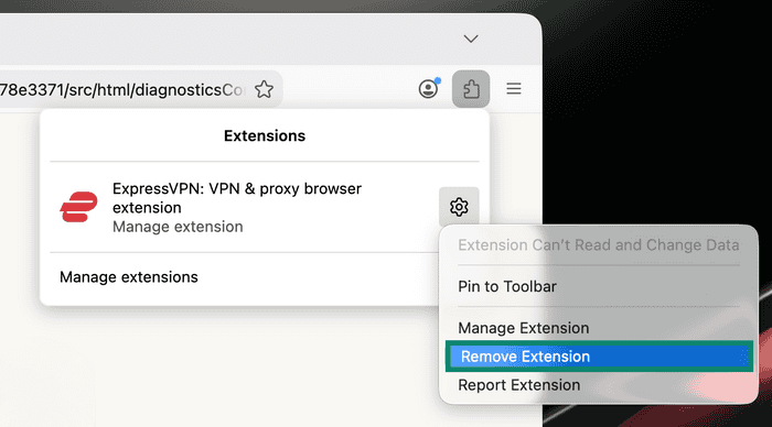 Firefox extension options menu with Remove Extension highlighted for ExpressVPN.