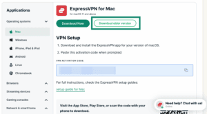ExpressVPN+ portal Mac setup page with the Download older version button highlighted.