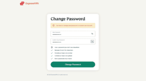 ExpressVPN Change Password page with fields to create and confirm a new password.