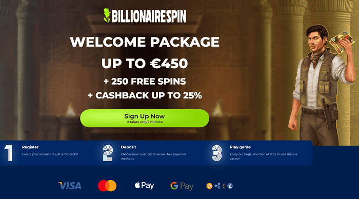 Billionairespin 250 free spins and 450 EUR welcome bonus 