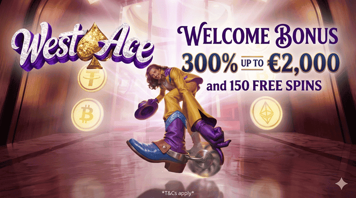 Get a 300% welcome bonus and free spins to WestAce Casino 