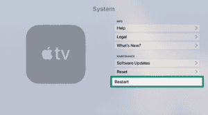 Apple TV system setting showing the "Restart" option highlighted.