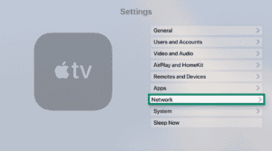 "Network" option highlighted in the Apple TV settings.
