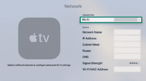 "Wi-Fi" option highlighted in the Apple TV network settings.
