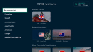 ExpressVPN Apple TV app interface, showing a list of servers. The "Recommended" tab is highlighted.