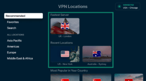 ExpressVPN Apple TV app interface, showing a list of server locations. Several servers are highlighted.