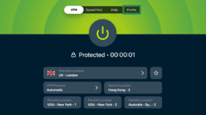 ExpressVPN Apple TV app interface, showing the VPN tab and a highlighted "Profile" tab.