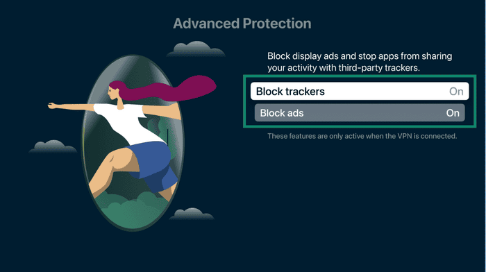 ExpressVPN advanced protection page showing block trackers and ads options highlighted.