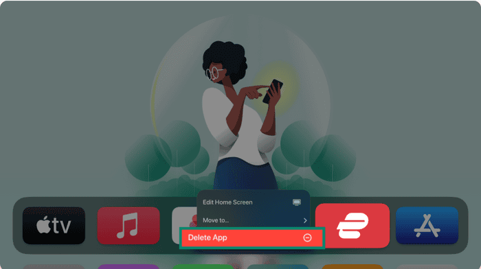 Apple TV home screen showing how to delete ExpressVPN app.