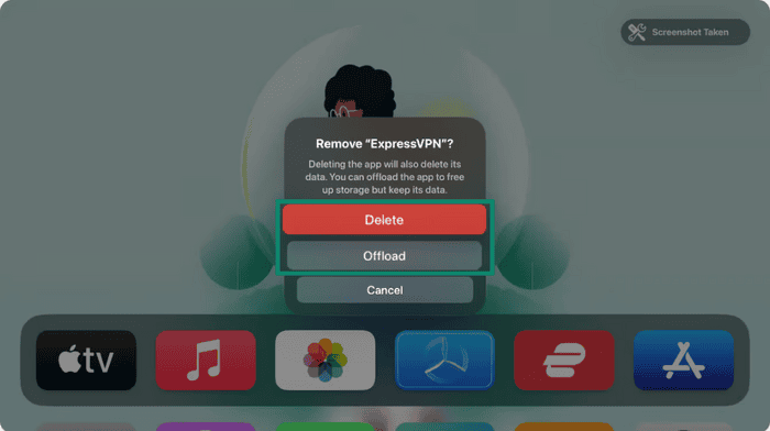 Apple TV home screen showing how to delete ExpressVPN app.